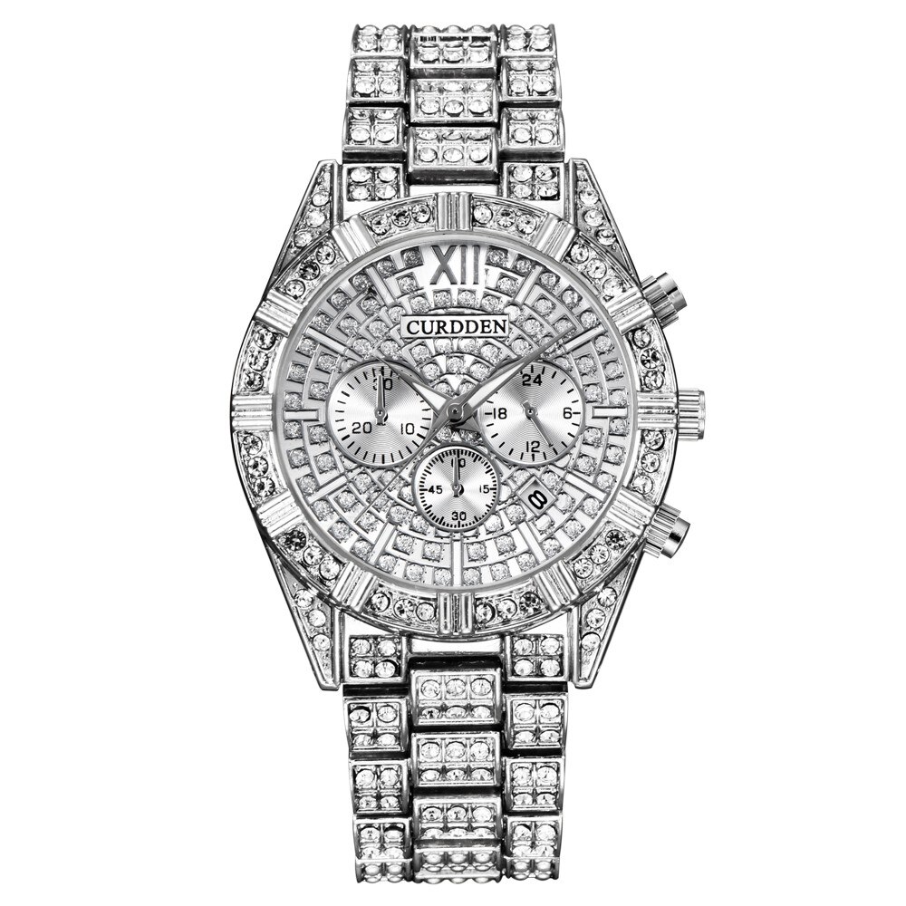 Hip Hop Watch Men Chronograph Diamond Iced Out Mens Watches Brand Luxury Gold Clock Quartz Male Wristwatch relogio: E