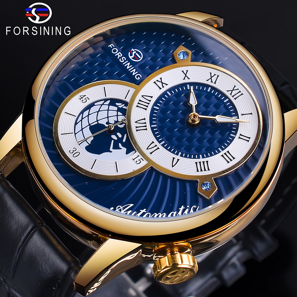 Forsining Halfrond Dial Automatische Horloge Waterdicht Blauw Zwart Lichtgevende Hand Mechanisch Horloge Echt Lederen Band Clcok