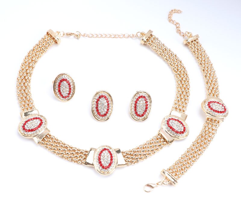 African Costume Jewelry Sets Women Gold Color Beads Rhinestone Oval Shape Necklace Set Dubai Nigerian Wedding Accessories: red