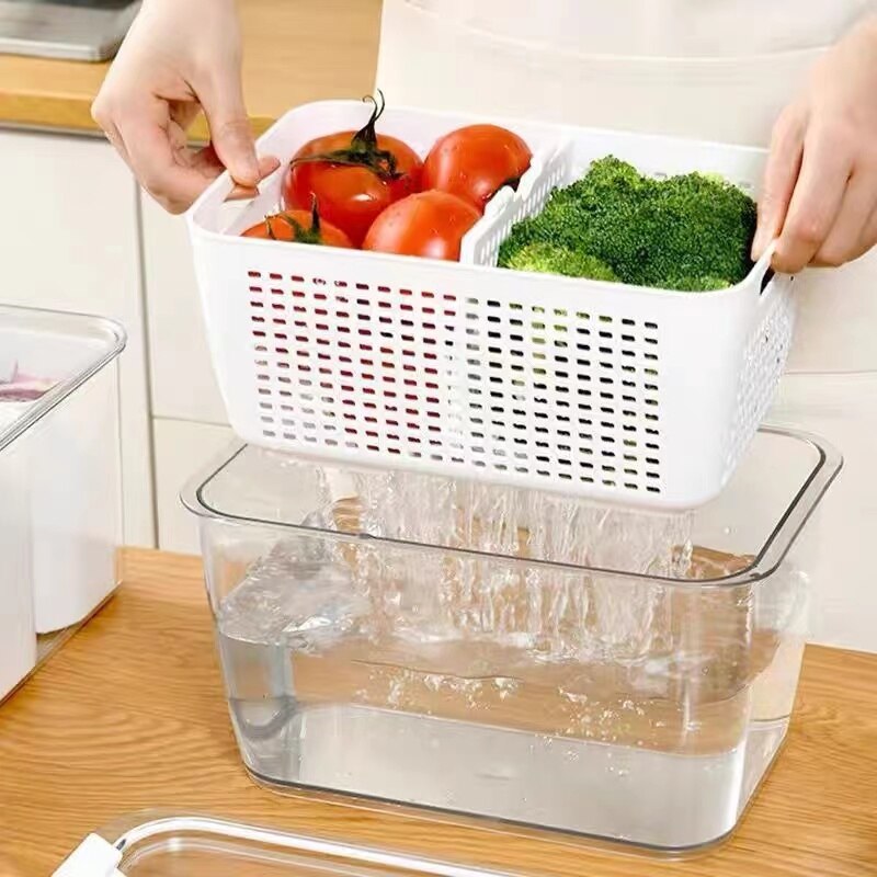 Fridge Storage Box Refrigerator Vegetable Fruit Boxes Drain Basket Containers With Lid Food Preservation Box Kitchen Organizer