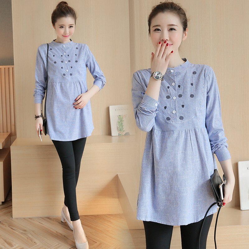 Autumn Maternity Shirts Summer Blouse Tops Clothes for Pregnant Women Waist Pleated Embroidery Cotton Shirts Pregnancy Clothes