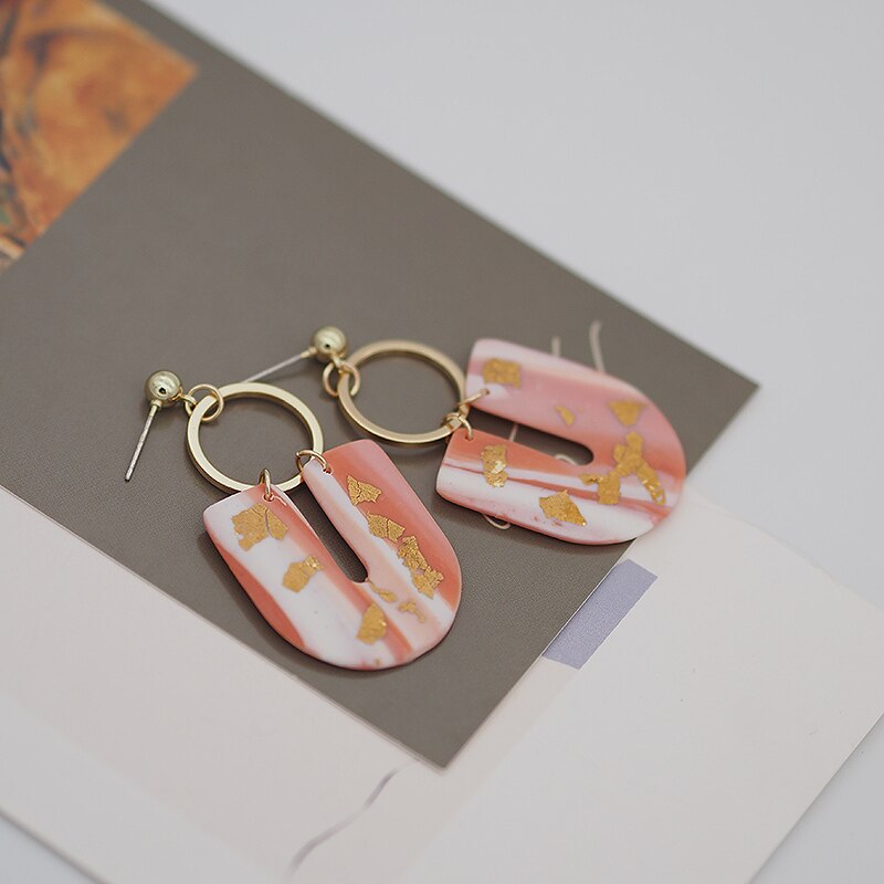 Handmade Gold Foil Abstract Pattern Polymer Clay Earrings Geometric Dangle Pendant Statement Art Earrings