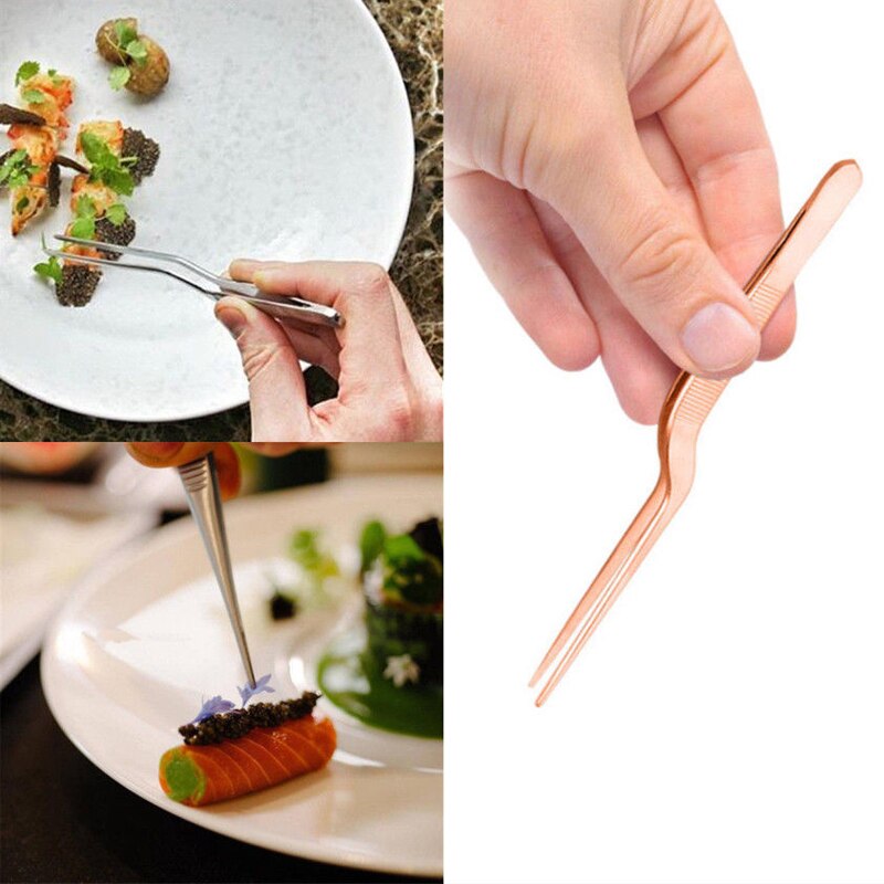 14cm/5.4inch Chef Plating Tweezer Tongs Serving Presentation Stainless Steel Offset Kitchen Tool Rose Gold
