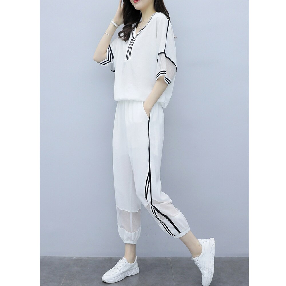 Zomer Witte Casual Sport Pak Vrouwelijke Koreaanse Losse Afslanken Mode Twee Sets Tij Zomer Pakken Voor Vrouwen Set Plus size S-3XL: 2 / M