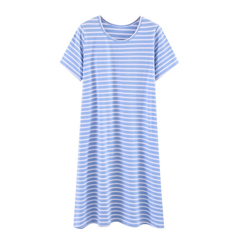 Summer Night Dress Women Plus Cotton Short-sleeved Pajamas Girls Female Autumn Soft Comfortable Sleep Wear Gowns: Blue / XL