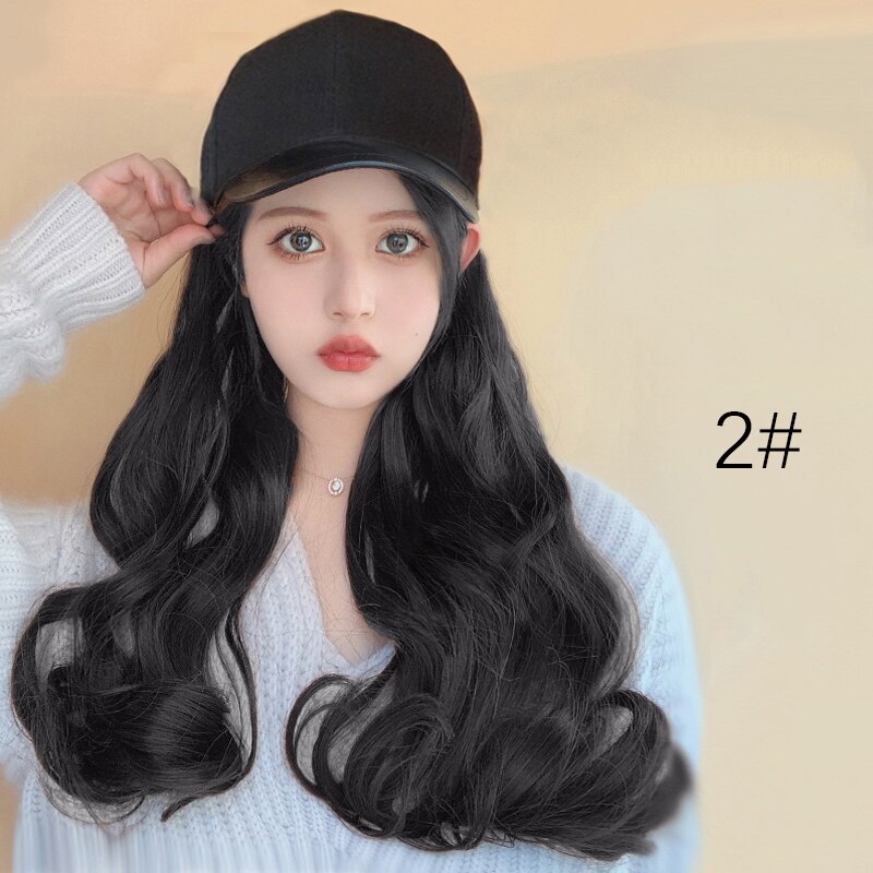 Nueva gorra de con extensión de cabello sintético, sombrero de Peluca de pelo largo para mujer, pelucas para mujer, color negro y marrón: 2