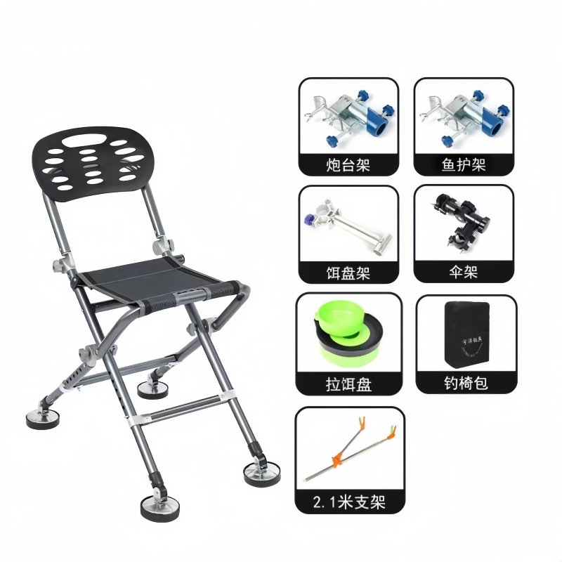 Sedia da pesca per tutti i terreni da esterno Sedia da spiaggia pieghevole Schienale regolabile da 180 gradi Sedia da campeggio Sgabello Attrezzatura da pesca: nero