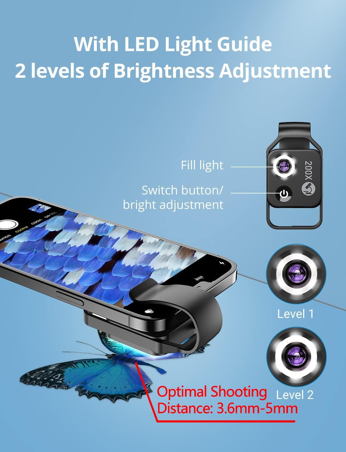 200X Phone Mini Pocket Microscope w/ LED Light/Universal Clip,Nano Zoom Digital Microscope Camera,Microworld for Kids Adults