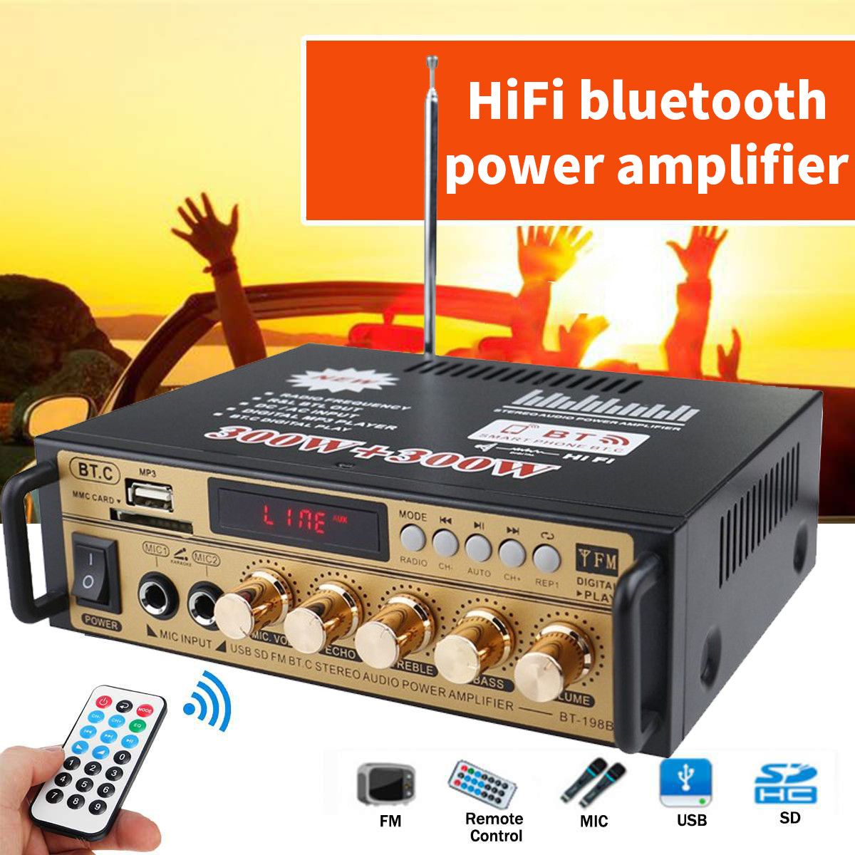 Bluetooth Power Stereo Audio Versterker 300W + 300W 2 Kanaals Fm Usb Sd Home Ktv Cinema Radio Muziek speler Klasse D Versterker Auto Amp