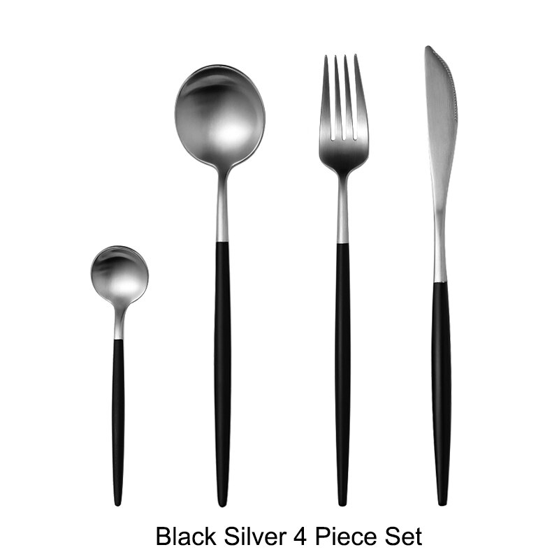 304 roestvrijstalen gouden besteksets, dinervork, mes, lepel, eetstokjes, serviesset, zilverwerk, servies: Zwart zilver