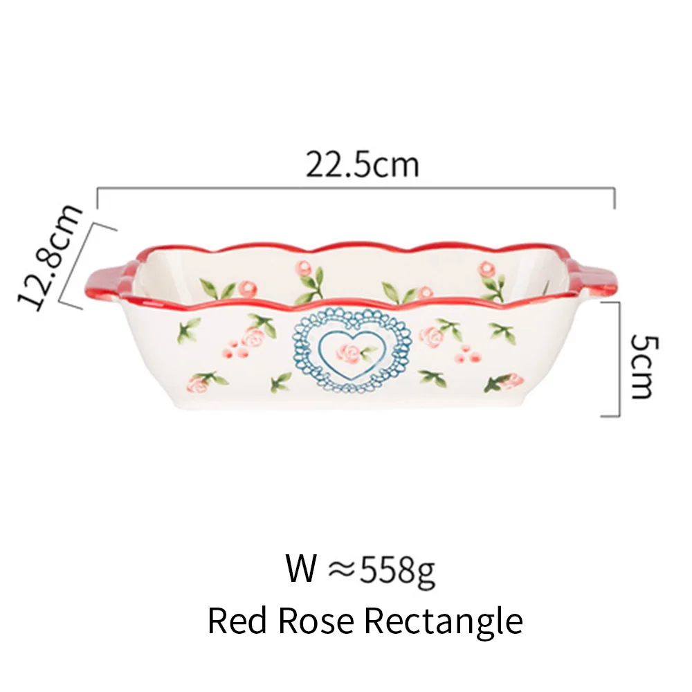 MDZF SWEETHOME Ceramic Baking Dish Roasting Lasagna Pan Rectangular Dish Bakeware Pan With Handle Oven Kitchen Baking Tool: Red rose rectangle