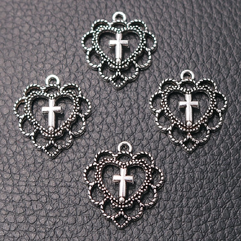 Guirlande en forme de cœur creux plaqué argent, 20 pièces, croix pendentif, bricolage, Bracelet, boucles d'oreilles, bijoux chrétien, 22x20mm