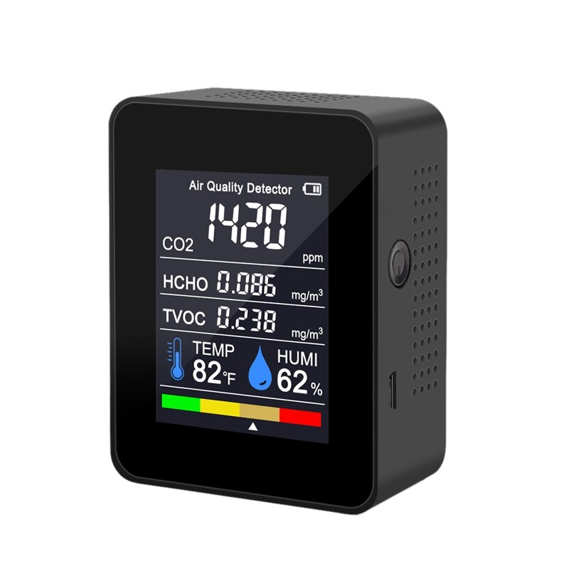 5 In 1 CO2 Meter Digital Temperature Humidity Sensor Tester Air Monitor Carbon Dioxide TVOC HCHO Detector: black