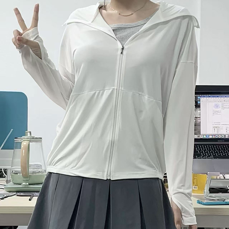 Summer Thin Ice Silk Sun Protection Jacket Women Korean Solid Basic Loose Hooded Cardigan Loose All Match Jogging Sports Tops: XXL / SKY BLUE