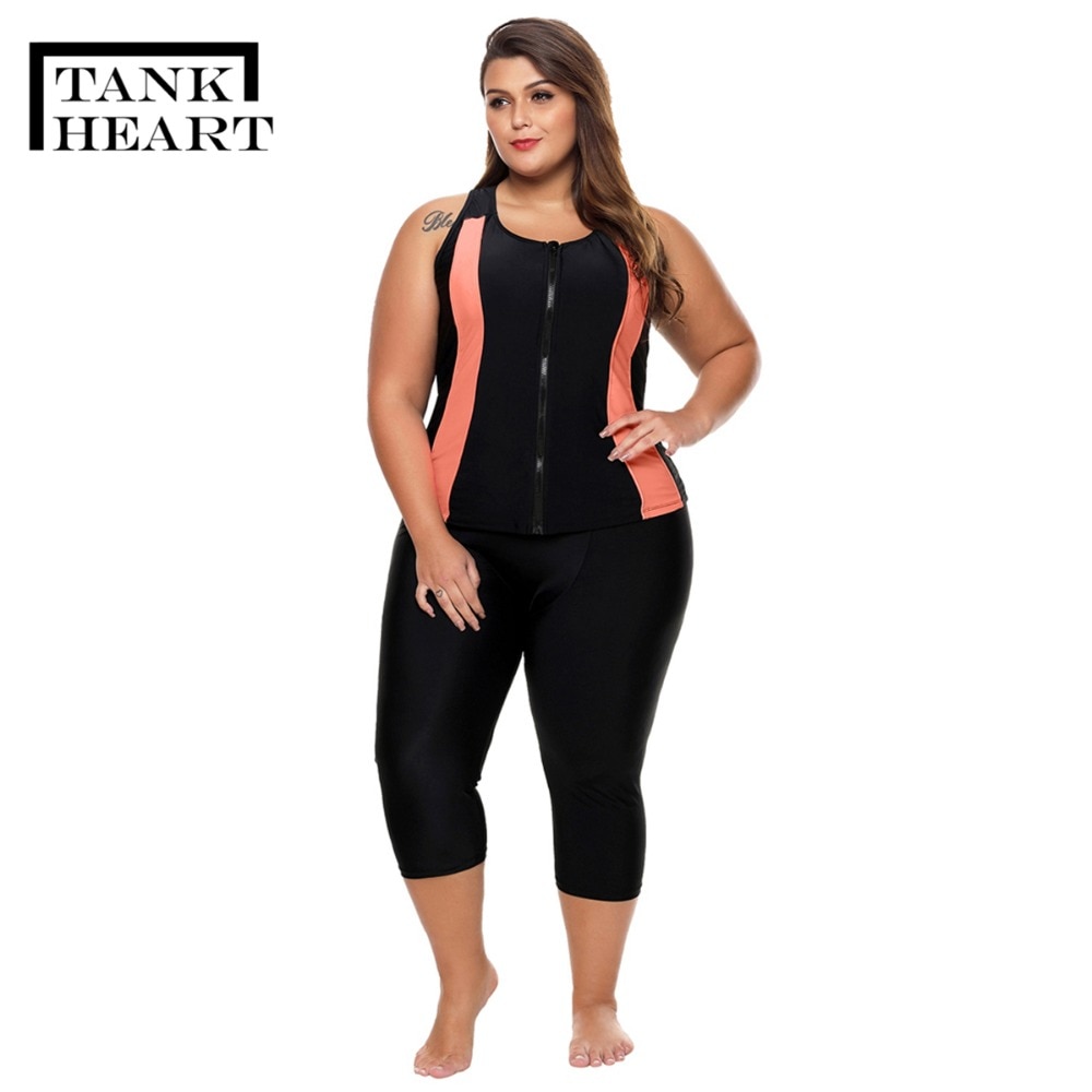 Tank Hart Zwarte rits Biquini Plus size badmode Vrouwen tankini Set Sport Tweedelige Badpak met Shorts badpak tankini XXXL