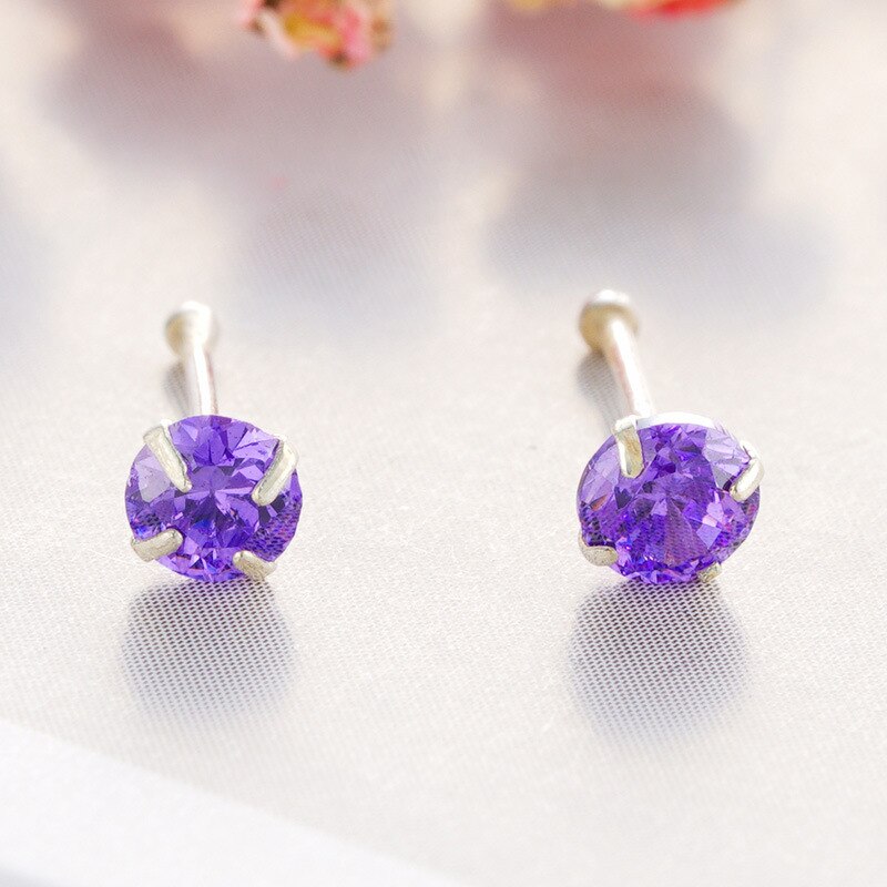 2 uds., Plata de Ley 925, clavos de perforación para nariz, 1,5mm/2mm/2,5mm/3mm, diamantes de imitación, piedra CZ, oreja, hélice, cuerpo, Septum, Piercing, joyería: 3mm purple studs