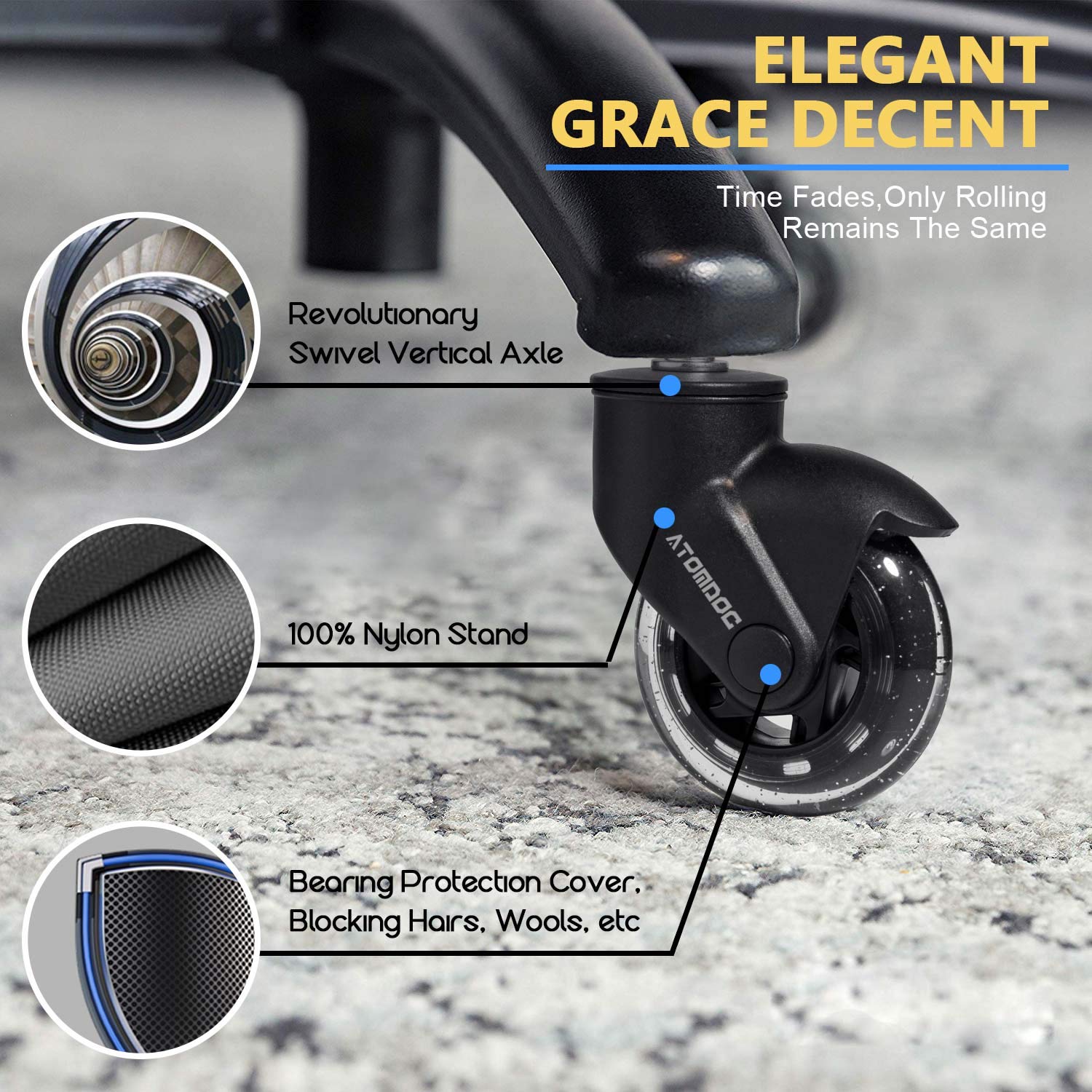 ATOMDOC 5pcs 3" Universal Mute Office Chair Caster Wheels Replacement Casters Rubber Soft Safe Roller Furniture Wheel Hardware