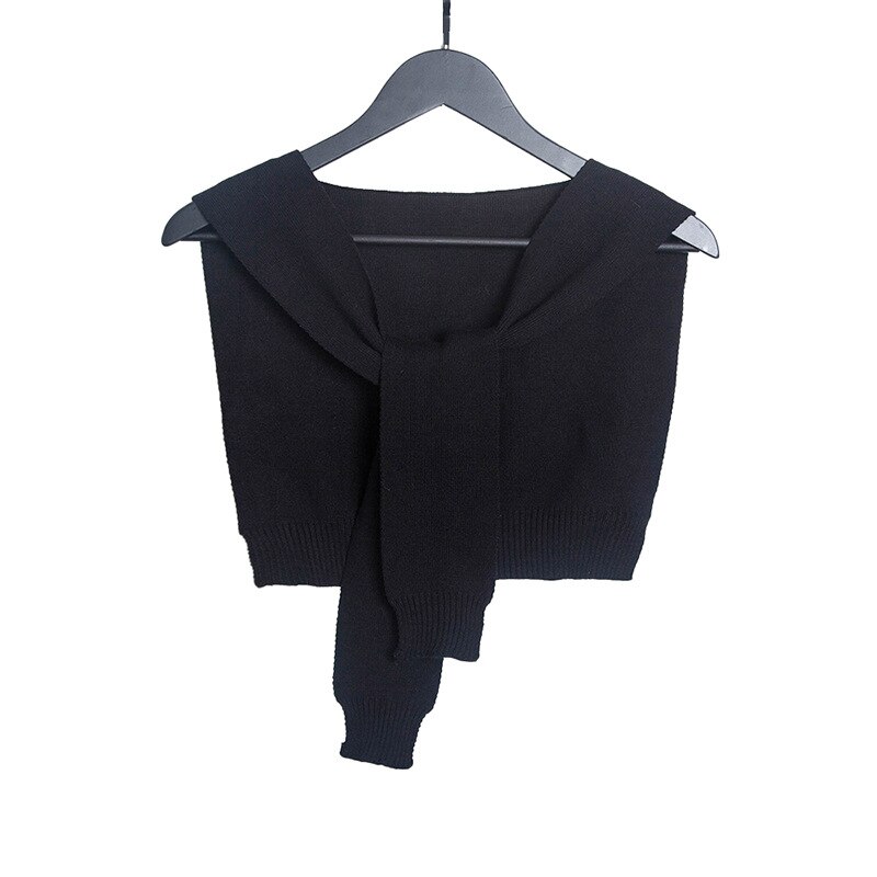 Automne hiver femmes noué faux col châle filles tricoté couleur unie petite Cape chauffe épaules écharpe en cachemire: Black