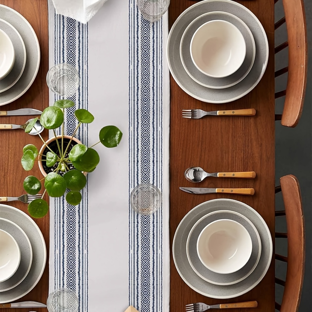 1pc bohemiska bordlöpare långa - duk med blå och vita geometriska ränder, bohemisk lantlig inredning för bröllop