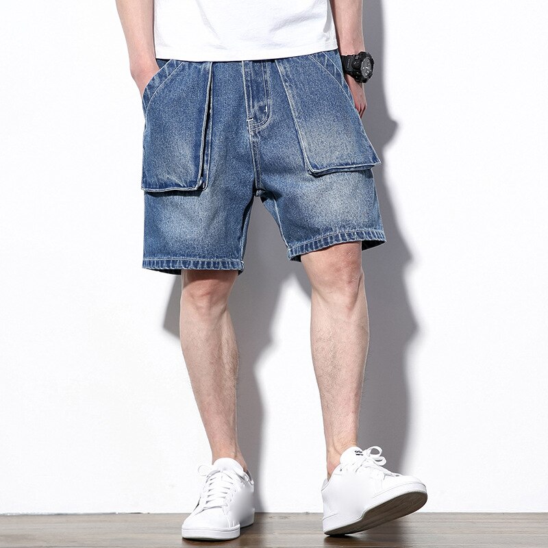 Summer Men&#39;s Denim Shorts Big Size Multi Pocket Casual Loose Japanese Jean Short Male Brand Cargo Shorts For Men Blue