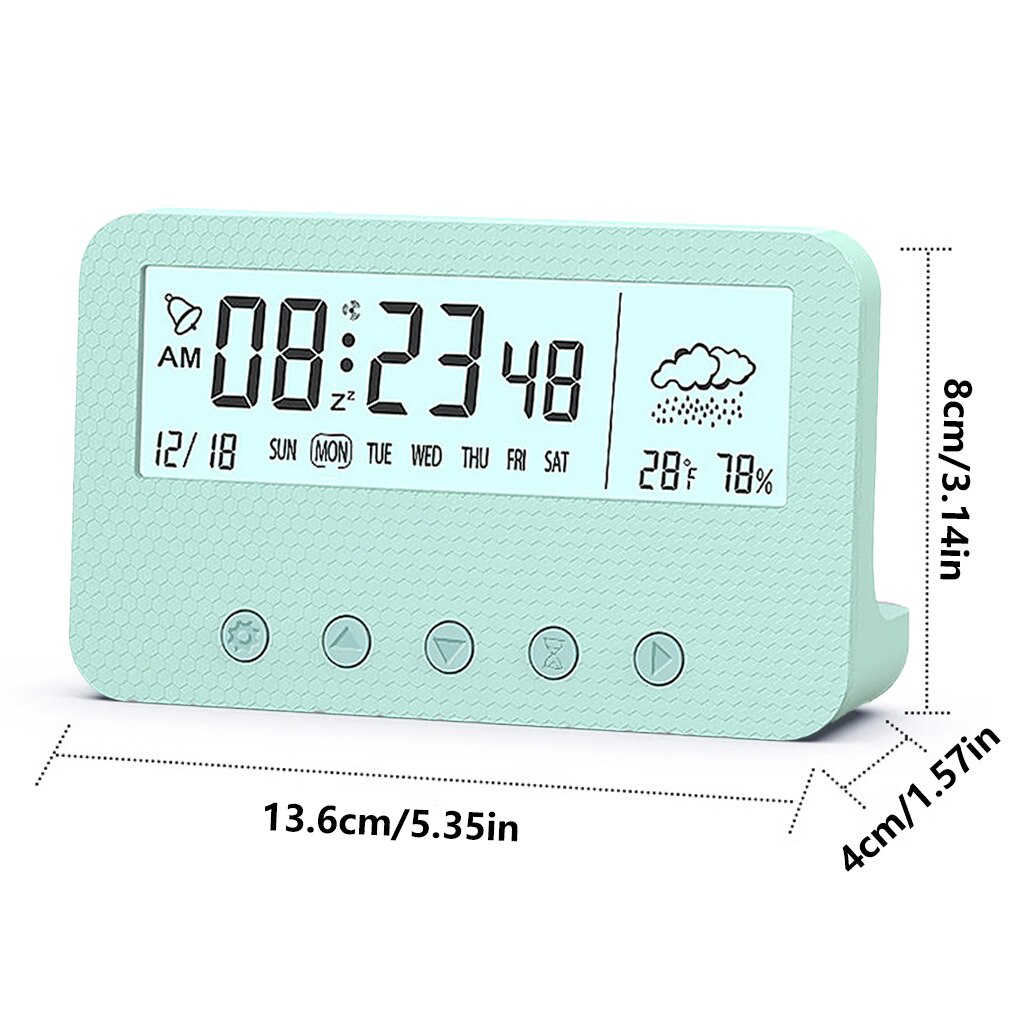 Living Room Desktop Digital Alarm Clock Plastic Countdown Timer Calendar Temperature Humidity Meter Low Noise Home Supplies: Green backlit