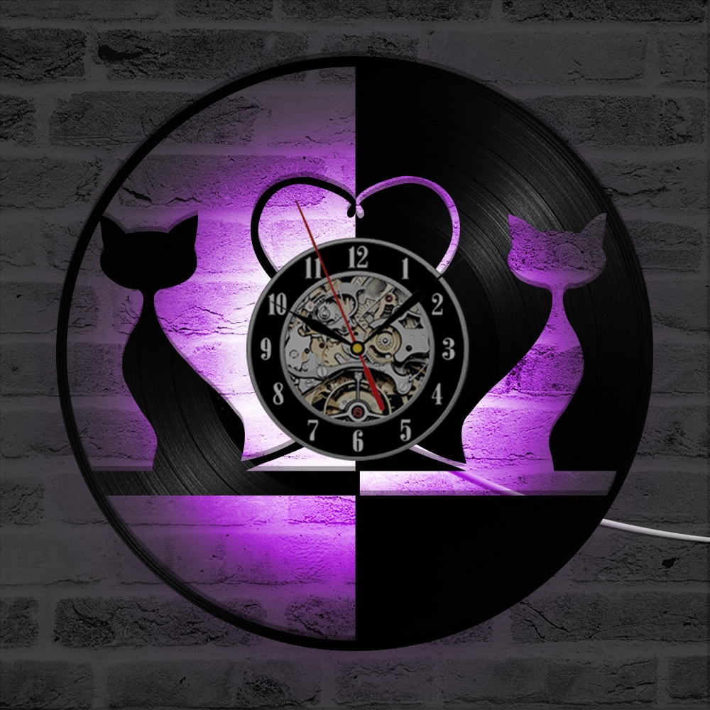 Round Black and White Lovely Cat LED Record Clock ... – Grandado
