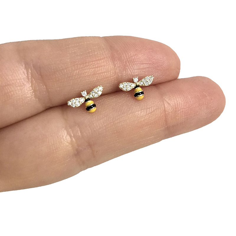 Huitan – boucles d'oreilles abeille délicates pour femmes, couleur argent/or, drôle, usage quotidien, Piercing, bijoux pour adolescents, directe: Couleur or jaune pâle