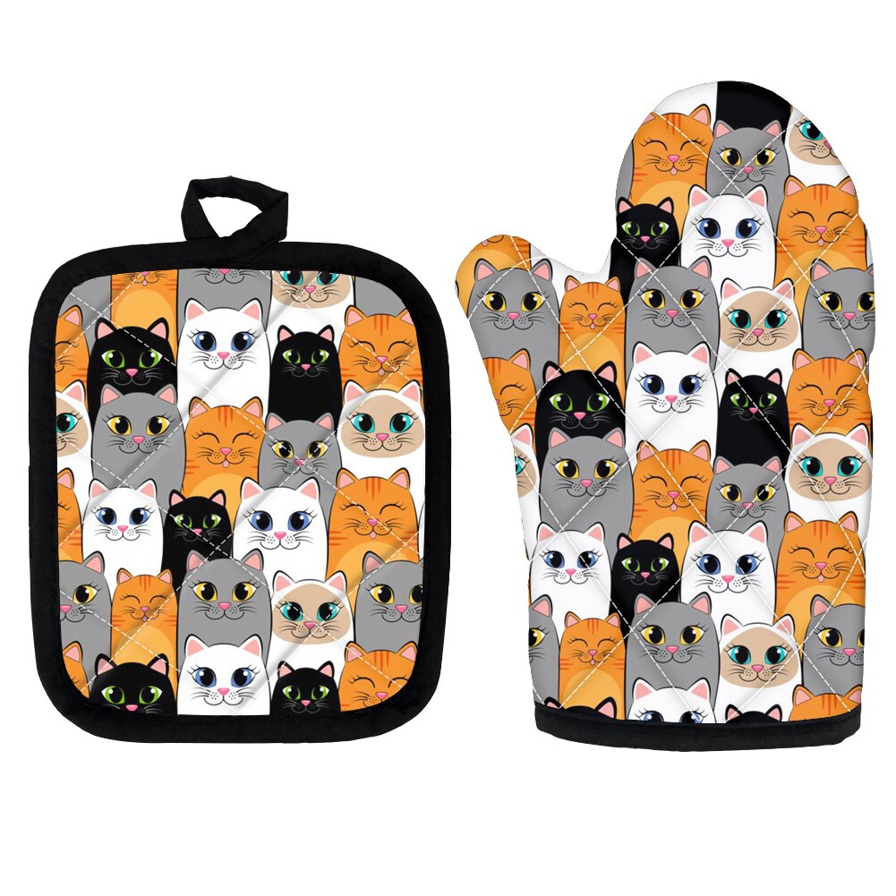 High Heat Protect Gloves Cute Cartoon Cat Print Polyester Microwave Oven BBQ Mitt Potholder Kitchen Mittens and Pad for Cooking: Z5834D19