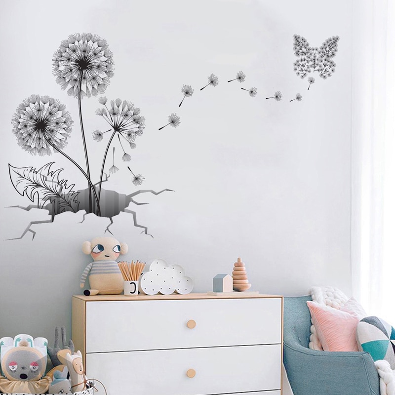 Pegatina negra, calcomanías creativas para cubierta de pared de diente de león, calcomanías de vinilo removibles para el hogar, decoraciones para el salón