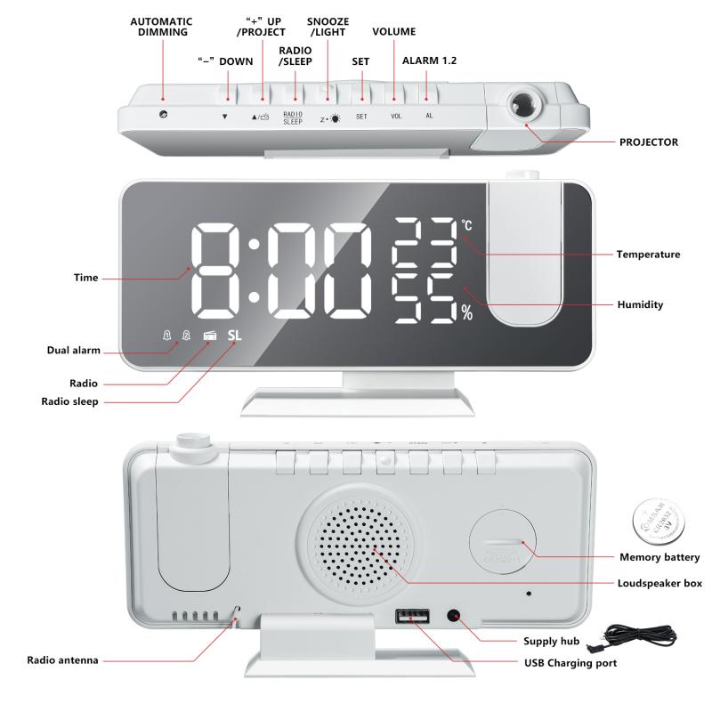 LED Smart Digital Alarm Mirror Clock Projection Temperature Projector Display Multifunctional Smart Alarm Clock 7.5Inch