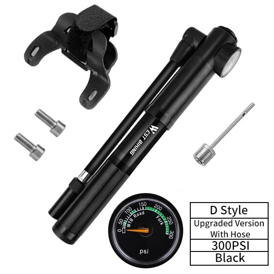 WEST BIKING 160 PSI Portable Mini Bicycle Pump MTB Mountain Bike Pump High Pressure Cycling Hand Air Pump Ball Tire Inflator: D Black 300PSI