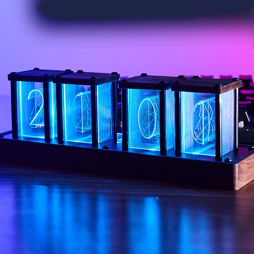 Table RGB Glow Tube Clock Walnut Wood Base Highlight LED Electronic Digital Alarm Clock Timer 12 24 Hours Time System Adjustable