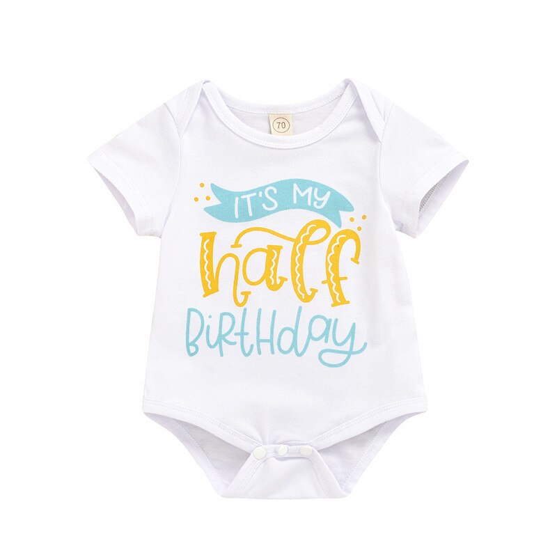 Geboren Baby Geribbelde Brief Print Romper, Peuter Jongen Meisje O-hals Korte Mouw Half Verjaardag Print Top