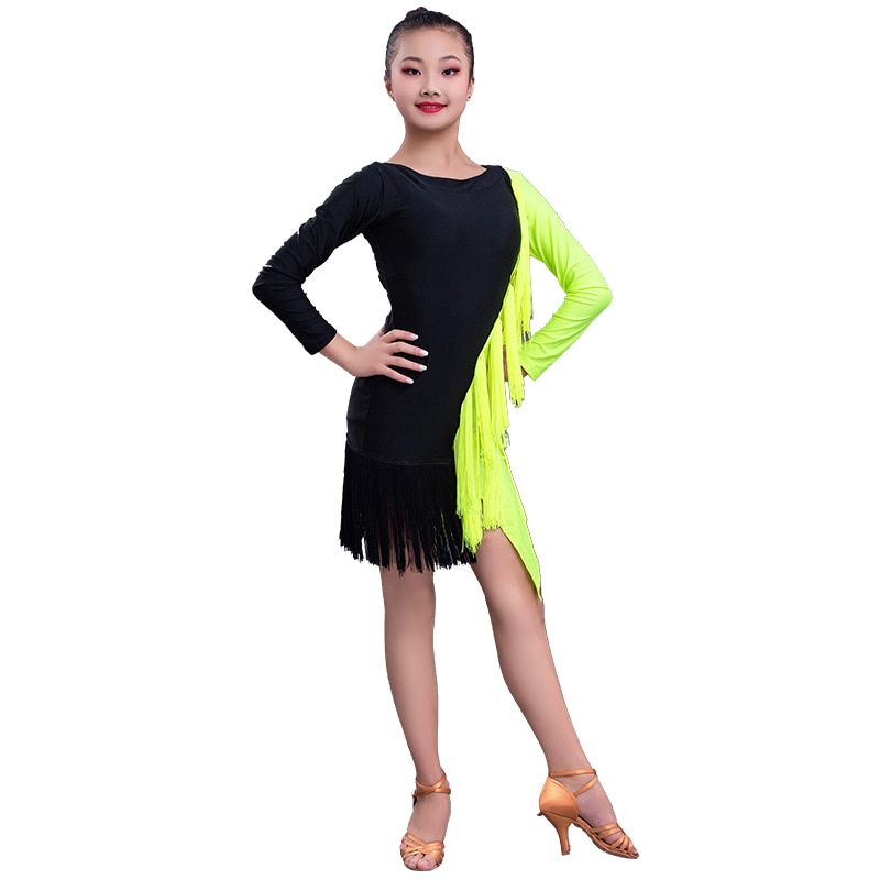 Nuovo Vestito Da Ballo latino Concorrenza Fluorescente Verde Frangia Del Vestito Ragazze Che Ballano Vestiti per Bambini Bambini costume di Scena del Vestito 3473