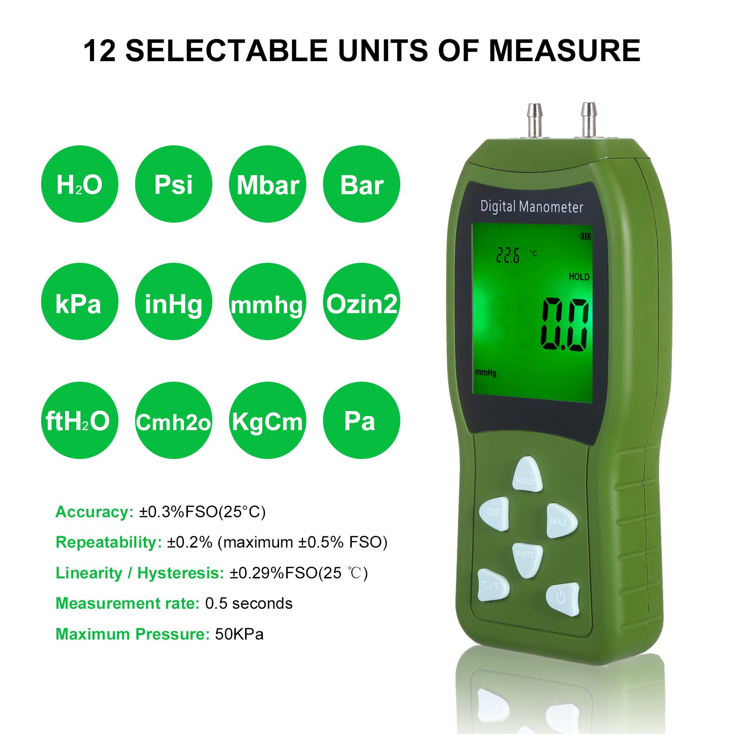 Manometer Digital Air Pressure Meter 12 Unit Dual Port Differential Pressure Gauge HVAC Gas Pressure Tester Auto Gas Analyzer