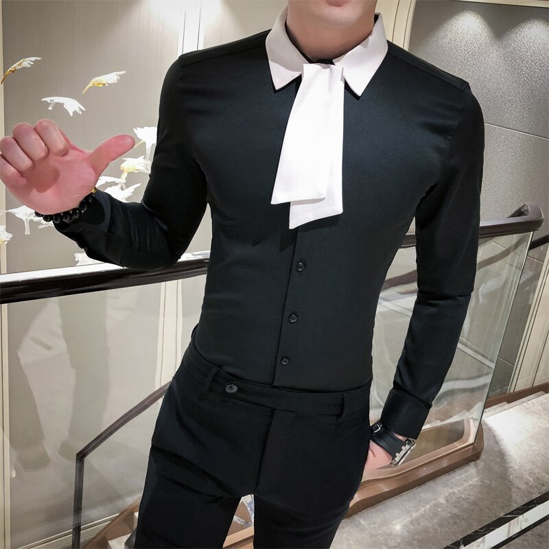 British Style Simple Tuxedo Shirt Men All Match Tie Long Sleeve Men Social Shirts Slim Fit Party Wear Blouse Homme 3XL-M