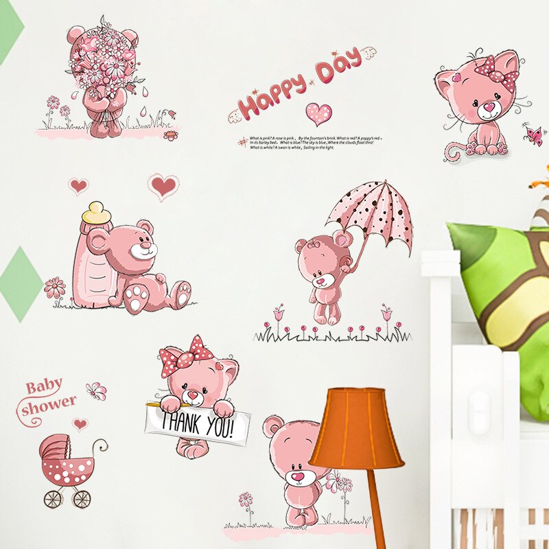 Happy Pink Bear Wall Stickers for Kids Rooms Home Decor DIY Cartoon Wall Decals Modern Warm Bedroom Decoration Mural Art Sticker