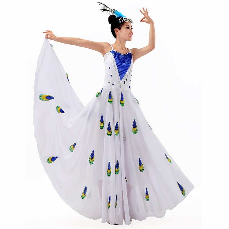 Minderheit Tanz Weiß Pfau Kostüm Kostüm Dai Kleid Felsen Dai tanzen Leistung Kleidung Pailletten Hosenträger Chiffon