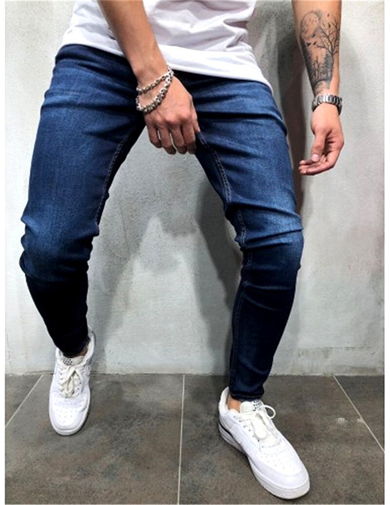 'Men's Jeans Solid Color Casual Little Feet Hip Hop Men's Washed Denim Pants Ripped Jeans Solid Pencil Pants