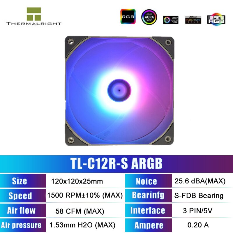 Thermalright 120mm Quiet PWM Fan CPU Cooler Radiator Cooling Fan Reverse Blowing 5V ARGB SYNC PC MOD Computer Case TL-C12RW-S: TL-C12R-S ARGB