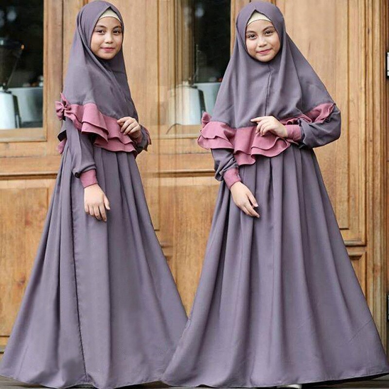 Floral Printed Arab Kids Girls Long Sleeve Dress Muslim Hijab Islamic Abaya Kaftan Maxi Dress Prayer Set Clothing Ramadan Suits: Purple / Advise Height 100cm