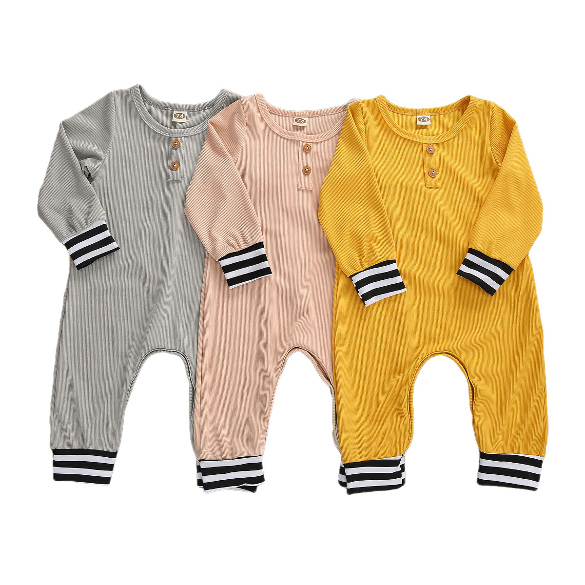 Peuter Herfst Kleding O-hals Lange Mouwen Geribbelde Jumpsuit Met Strepen Manchetten En Terug Trimmings Voor Baby Meisjes, Jongens