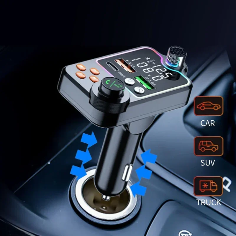 Chargeur rapide Bluetooth pour voiture, allume-cigare, appel mains libres, EQ, lumière d'ambiance, lecteur MP3, transmetteur FM