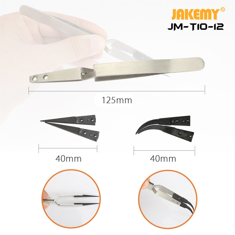 Jakemy JM-T10-12 Rvs Precisie Anti-statische ESD Pincet met Gebogen &amp; Recht Plastic Tip voor Telefoon Reparatie BGA werk