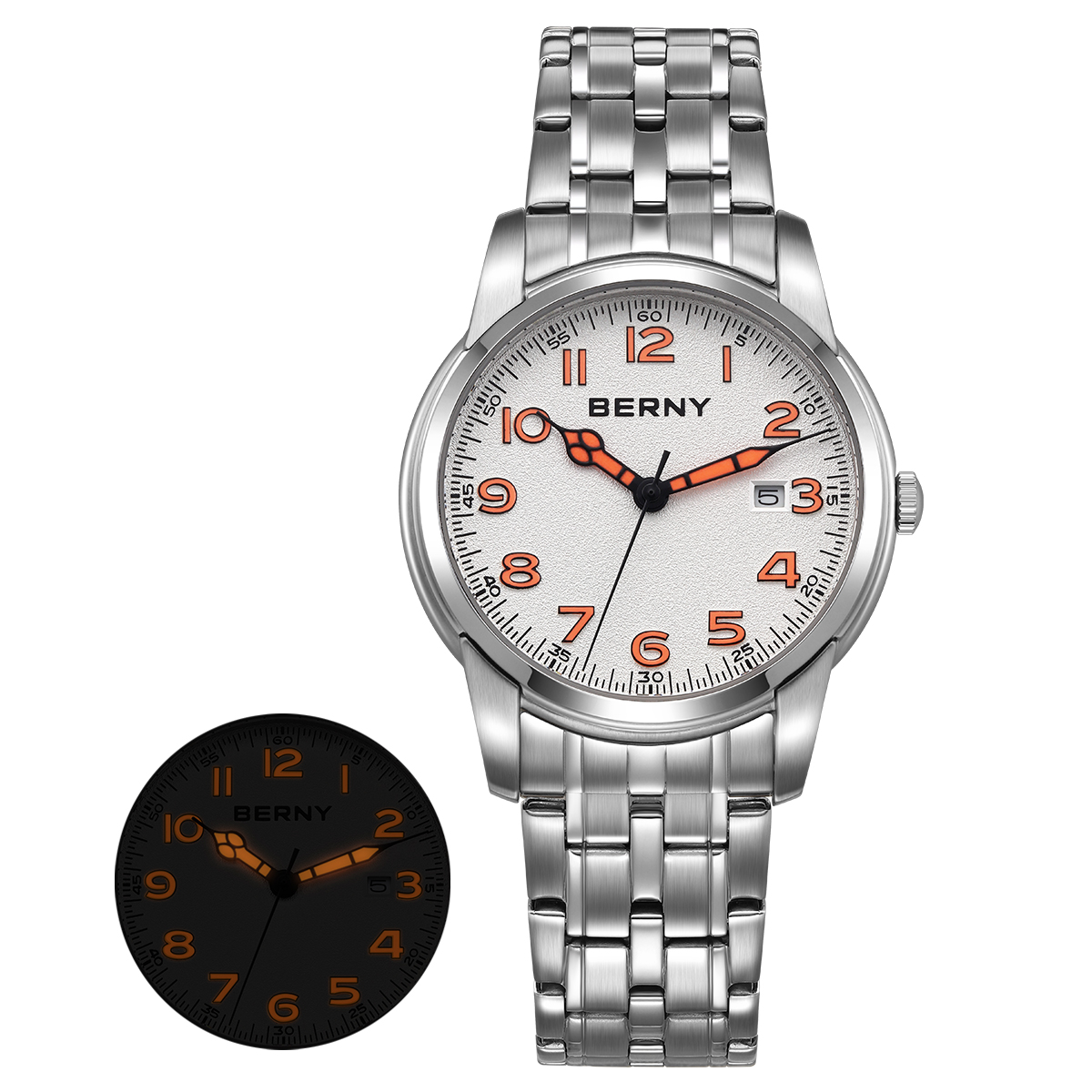 Relojes BERNY para hombre, calendario, fecha, reloj piloto de cuarzo luminoso, S/S, clásica, deportes, fácil lectura, reloj de pulsera para hombre al aire libre: Blanco