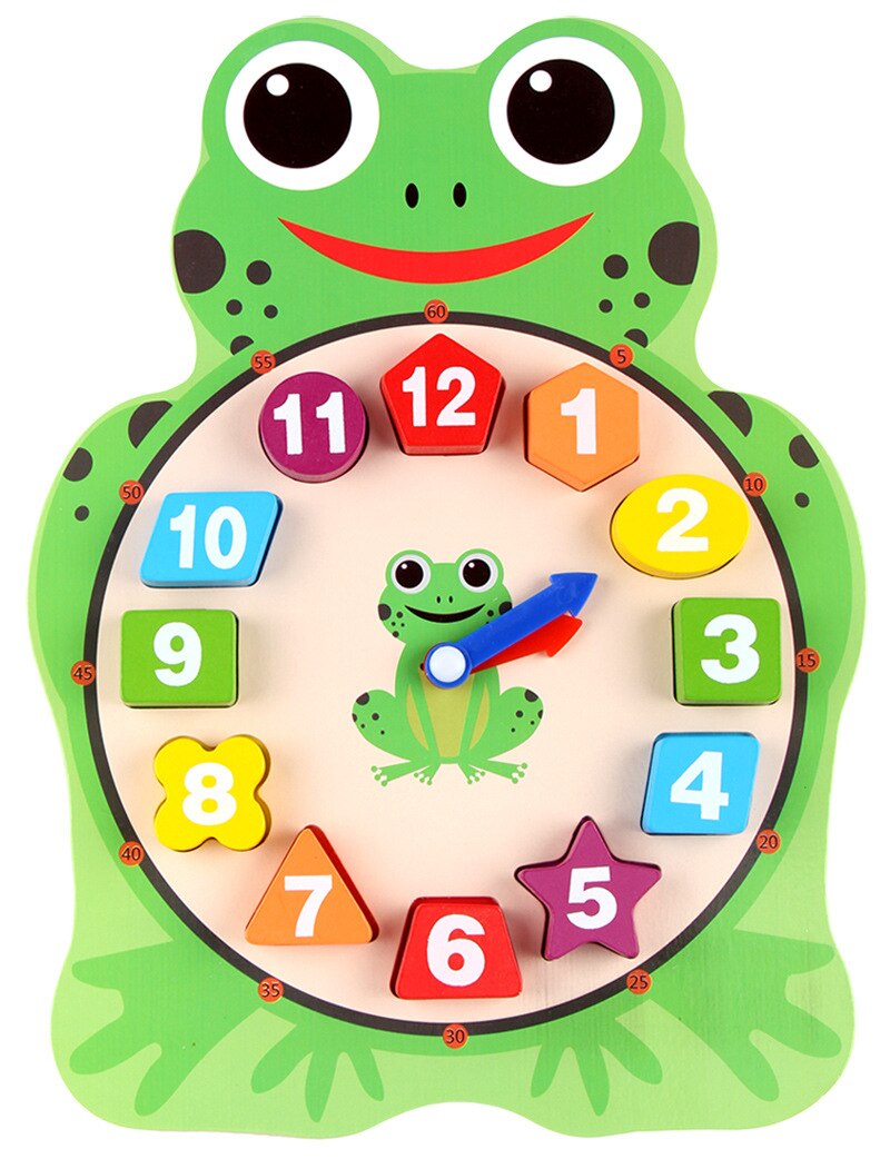 Kids Wooden Clock Toys Children Time Cognition Education Toys Number Shape Color Learning Tool For Baby Kids: frog