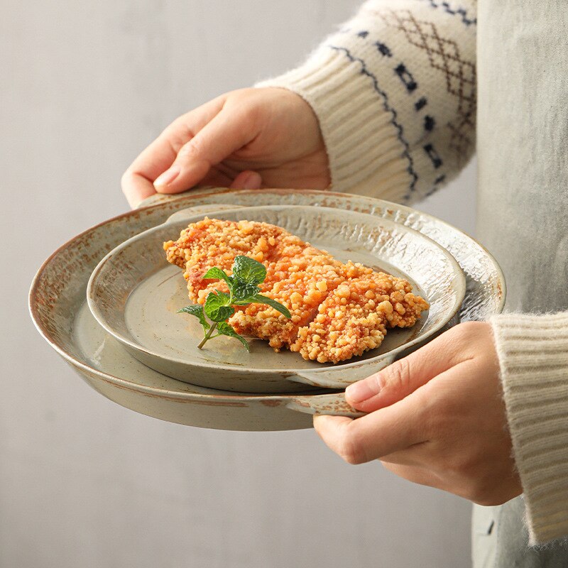 Japanese Retro Ceramic Tableware Rough Pottery Pasta Shallow Plate Binaural Steak Plate Home Salad Cooking Western Plate