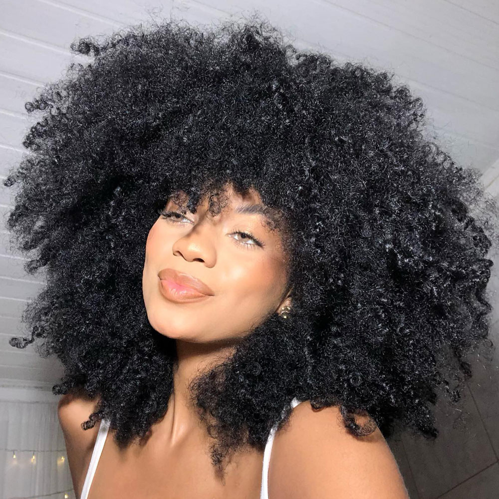 Perucas afro encaracoladas para mulheres negras, perucas sintéticas afro encaracoladas com franja, cabelo longo e fofo e encaracolado: #1B