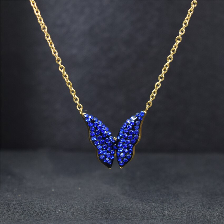 Unique Stainless Steel Gold Chain CZ Blue Butterfly Necklace For Women Bijoux Femme Pineapple Choker Necklaces Birthday BFF: Gold Blue 2