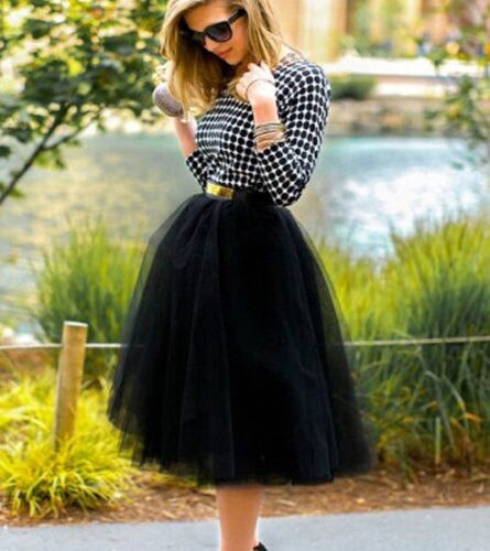 7 Capas Midi Falda de Tul para Niñas Faldas Tutú de Mujer Sólido Encaje Vestido de Enaguas Lolita Faldas Saia Jupe: Black